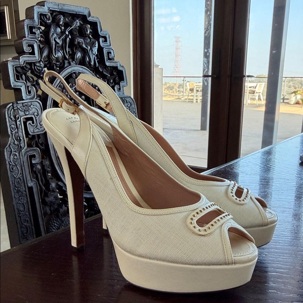Miu Miu Ivory Peep-Toe Platform Heels